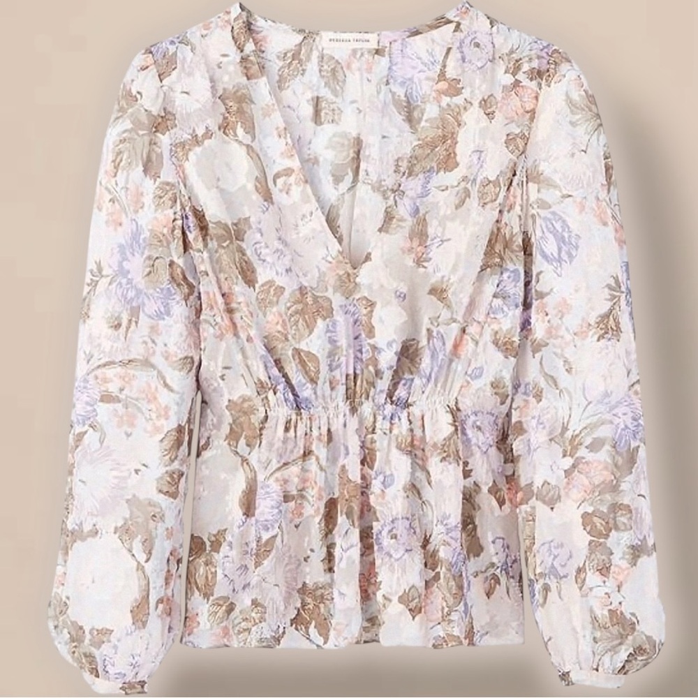 Rebecca Taylor ‘Penelope’ Purple Floral Print Top with Gathered Waist Size 4
